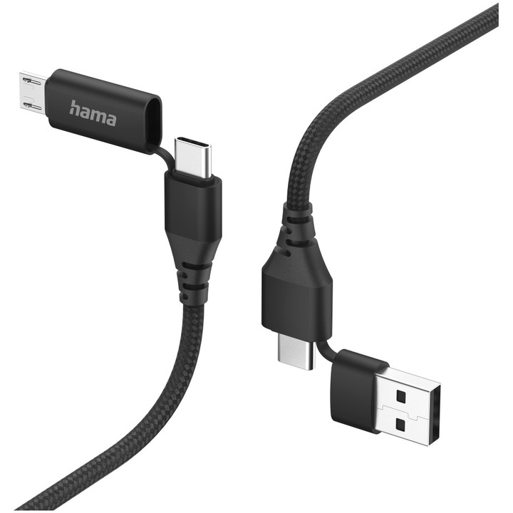 Кабел за зареждане Hama, 4в1 USB-A/C/micro-USB, 1,5 м, Черен
