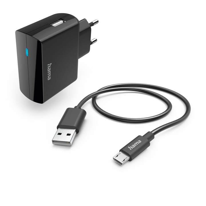 Мрежово зарядно устройство Hama, micro-USB, 12W, 1 м, Черен