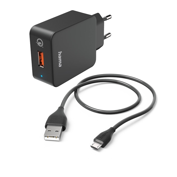 Мрежово зарядно устройство Hama, Qulacomm, micro-USB, 1.5 м, Черен