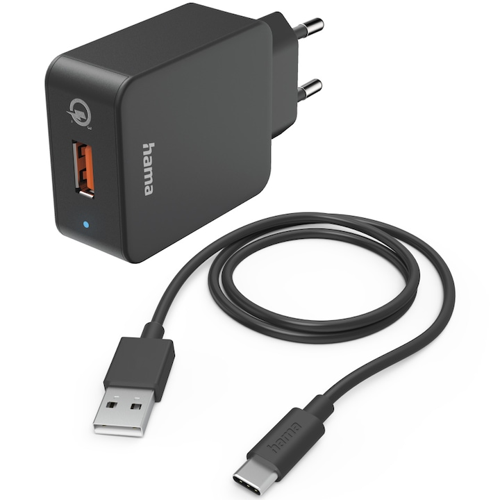 Комплект зарядно устройство Hama, Qulacomm, USB-C, 1.5 м, Черен