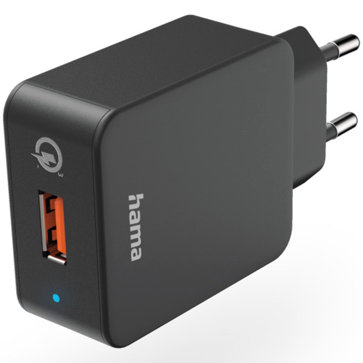 Мрежово зарядно устройство Hama, Qualcomm 3.0, USB-A, Черен