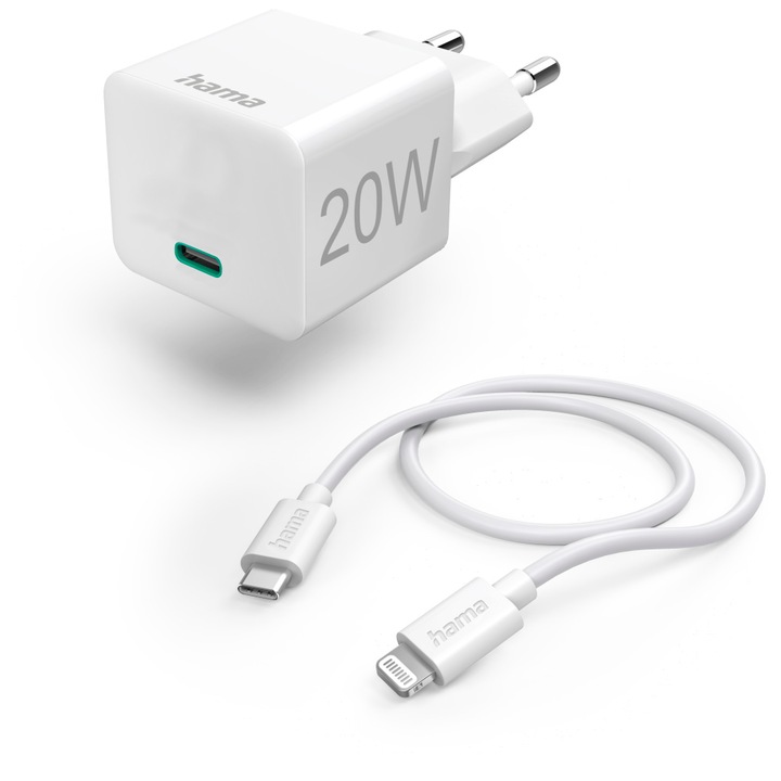 Комплект зарядно устройство Hama, mini PowerDelivery Lightning, 1 м, Бял