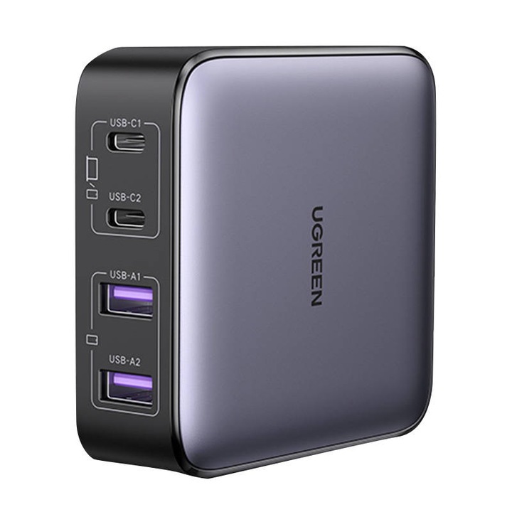 Мрежово зарядно устройство UGREEN CD327 Nexode, 2 USB-C порта, 2 USB A порта, GaN, 65W, Сив