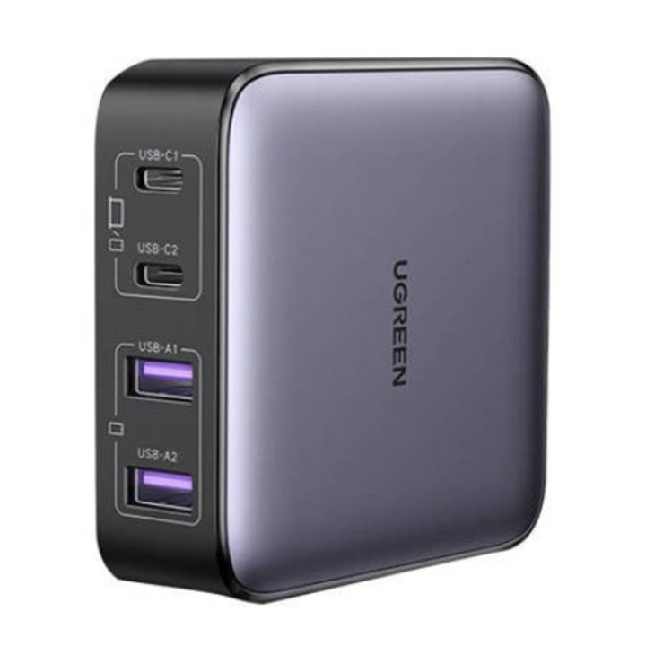 Зарядно устройство UGREEN CD327 Nexode, 2x USB-C, 2x USB-A, GaN, 65 W, сиво