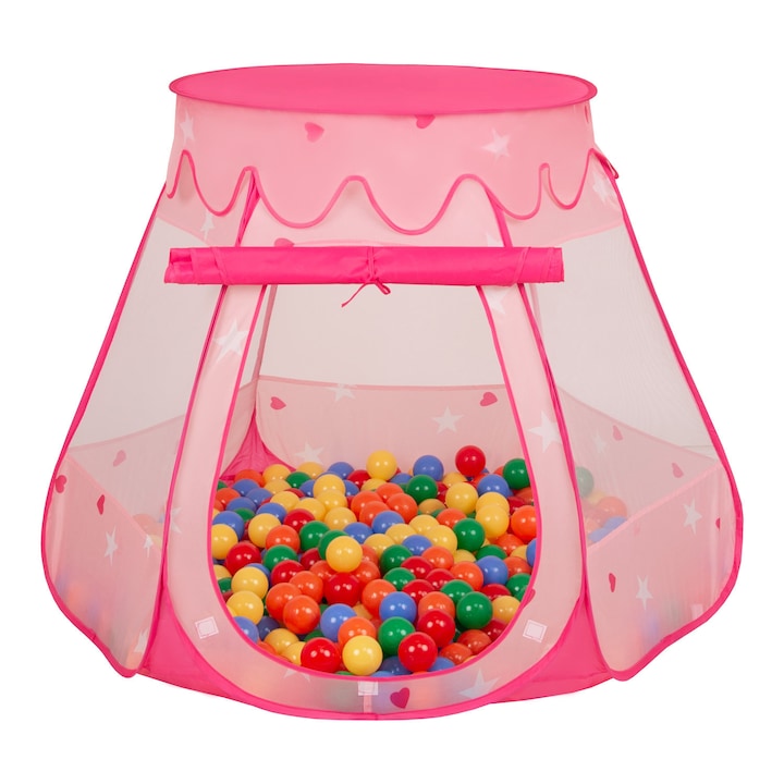 Cort de joaca, Selonis, Castle House Pop Up Ballpit, 105x90cm, 300 bile, Roz/Multicolor