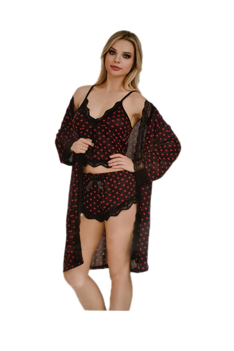 Set pijama 3 piese, halat, bustiera si pantaloni scurti, Negru, M-L