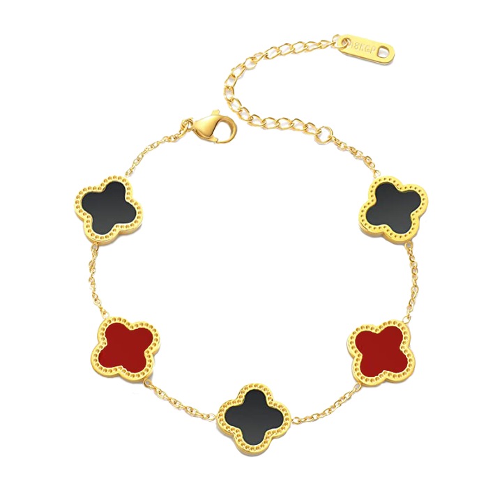 Дамска гривна, модел късметчета, 4-листна детелина, златиста, регулираща се, с черни и червени аксесоари, EFAYN