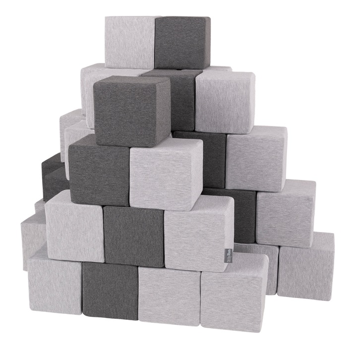 Set 48 cuburi de constructie, KiddyMoon, Spuma, 14 cm, Gri inchis/deschis
