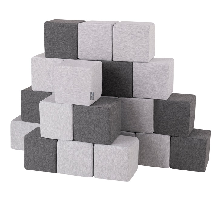 Set 24 cuburi de constructie, KiddyMoon, Spuma, 14 cm, Gri inchis/deschis