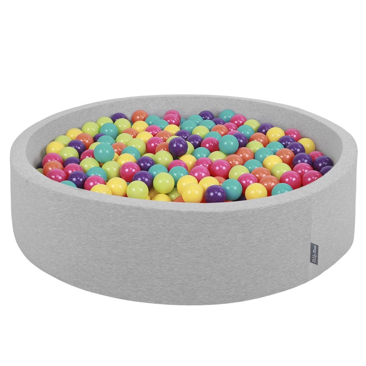 Piscina rotunda din spuma pentru copii, KiddyMoon, Cu 300 de bile multicolore, 120x30 cm, Gri