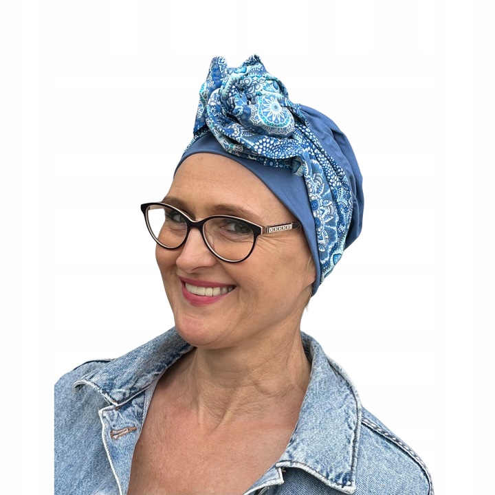 Turban Dama Eva Bambus Premium, Albastru cu Planglica Eleganta. Confortabil, Respirabil, Hipoalergenic. Ideal Chimioterapie, Caderea Parului, Protectie Solara, Somn. Accesoriu Par Versatil, Moale, pentru Femei Elegante, Sensibile