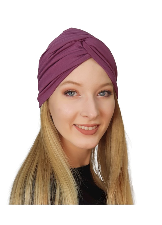 Turban dama elegant Eva din bambus organic si bumbac natural, culoare mov, moale si confortabil, respirabil, accesoriu de moda versatil pentru femei, ideal pentru protectie par, uz zilnic, chimioterapie, hipoalergenic, placut la atingere