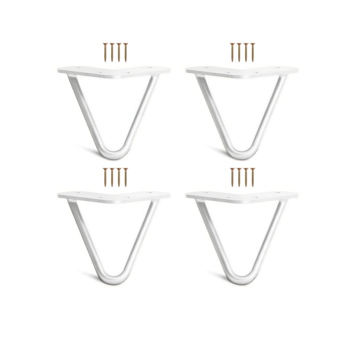 Set 4 picioare mobilier Hairpin, vopsite electrostatic, inaltime 15 cm, diametru profil 12 mm, 2 brate, otel, alb mat, kit montaj inclus