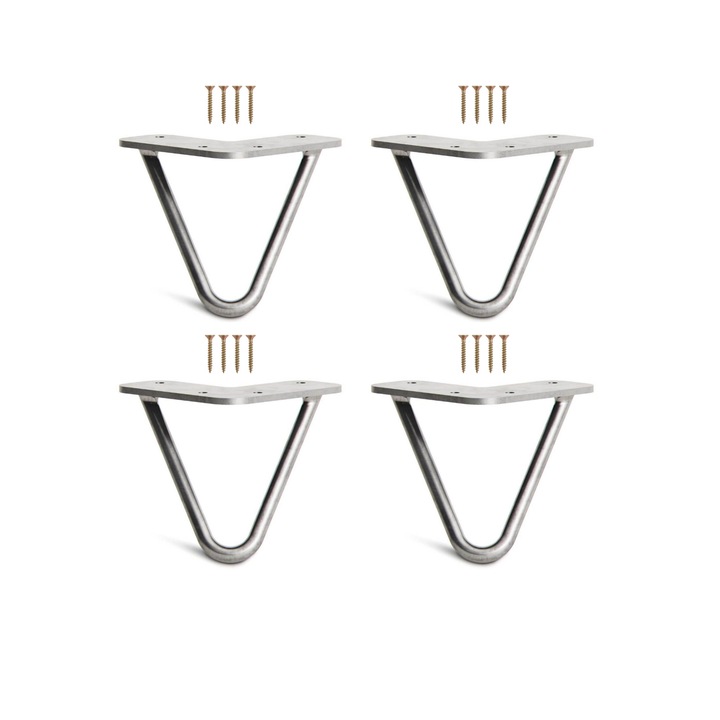 Set 4 picioare mobilier Hairpin, vopsite electrostatic, inaltime 10 cm, diametru profil 12 mm, 2 brate, otel, nevopsit, kit montaj inclus, fabricat in Romania