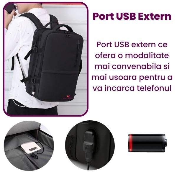 Rucsac extensibil Mercaton, compatibil cu laptop-uri pana la 17.3″, Port USB, Waterproof, Travel Size, Negru