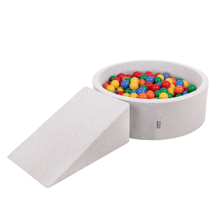 Piscina cu rampa si 100 de bile, KiddyMoon, Bumbac/Poliester, 90x90x30/45x70x30/∅ 7 cm, Gri/Multicolor