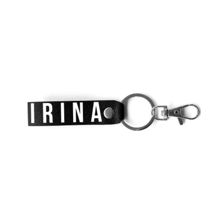 Breloc personalizat femei, BRELOCK, piele, 3 x 8 cm, print text cu nume "Irina", negru argintiu