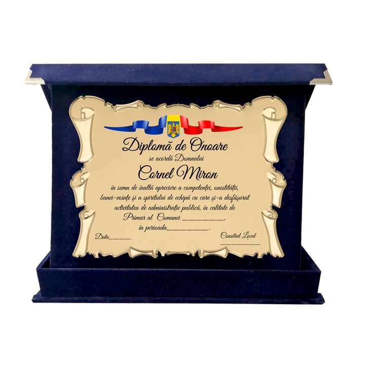 Cadou Placheta Diploma de Onoare pentru Primar/el, in Cutie Albastra de Plus, 23/19cm