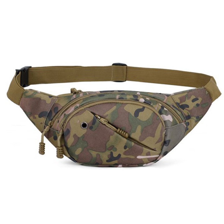 Zamo sporttáska, vízálló anyag, 4 cipzár, állítható derék, 34x14x8 cm, zöld terepszínű