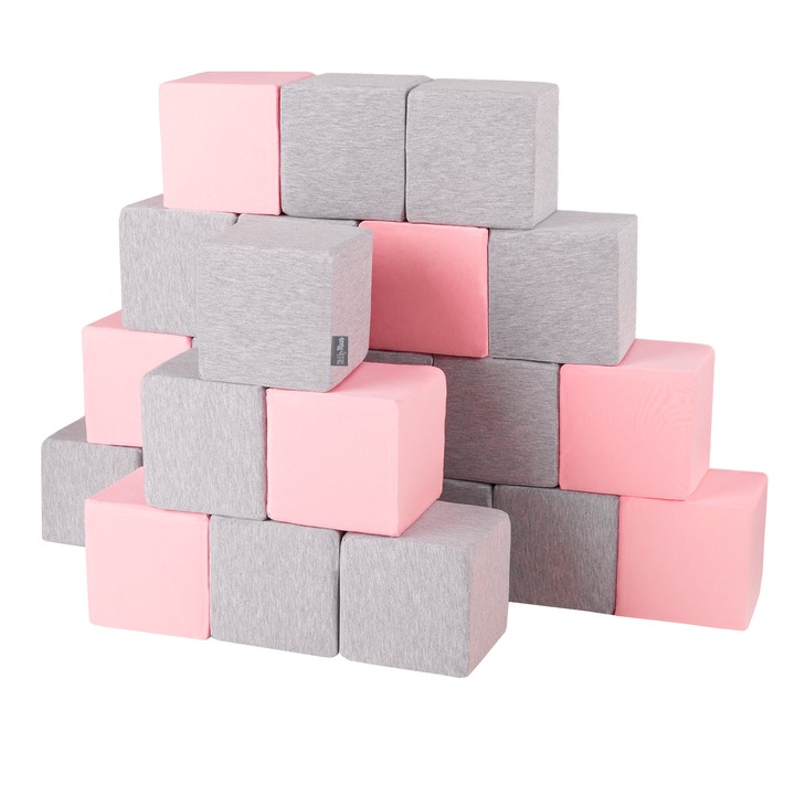 Set 24 cuburi de constructie, KiddyMoon, Spuma, 14 cm, Gri deschis/roz