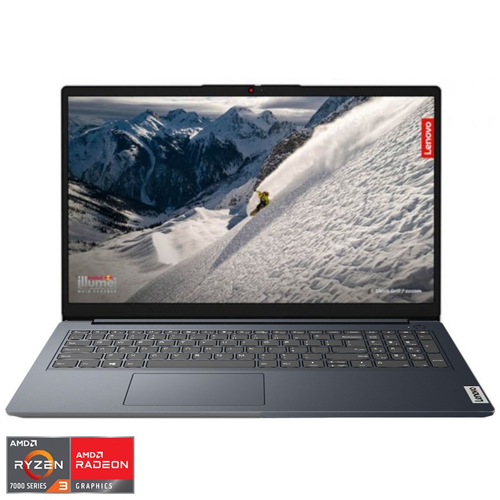 Laptop Lenovo IdeaPad 1 15AMN7 cu procesor AMD Ryzen™ 3 7320U pana la 4.10 GHz, 15.6", Full HD, 8GB, 512GB SSD, AMD Radeon™ 610M, No OS, Abyss Blue
