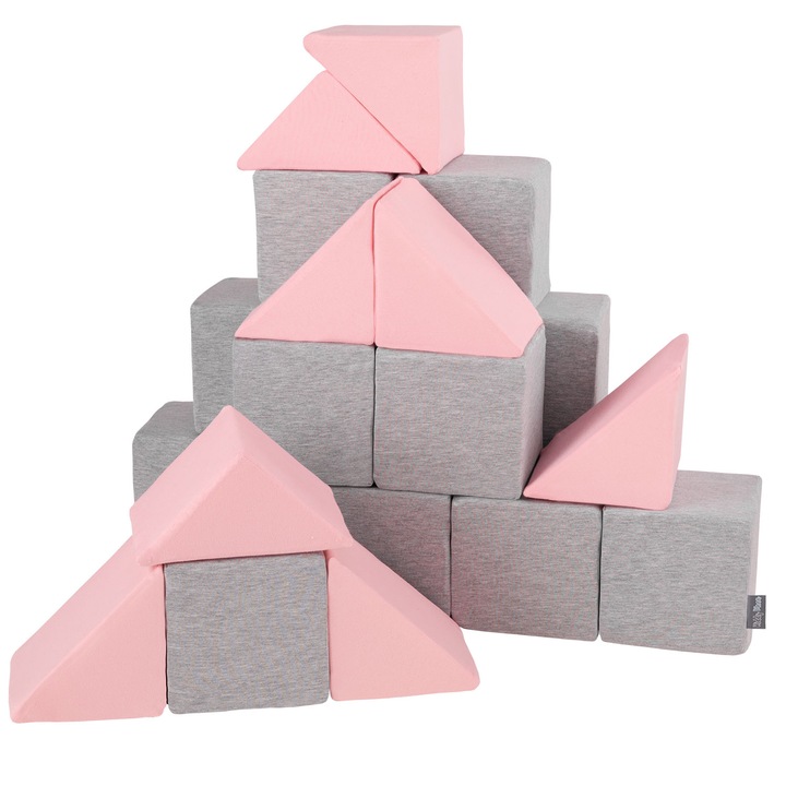 Set 24 piese de constructie, KiddyMoon, Spuma, 14 cm, Gri deschis/roz