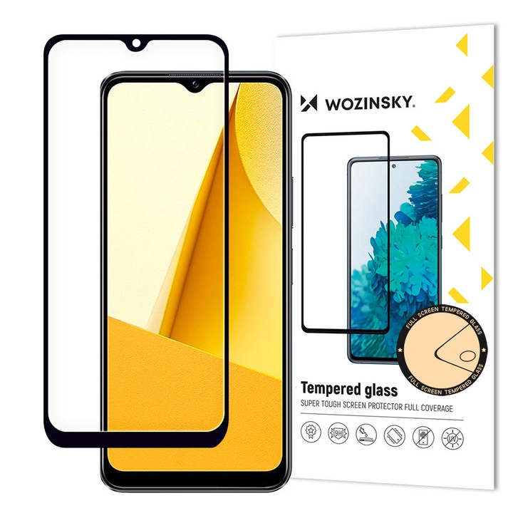 Vivo Y16 / Y02s 9H teljes képernyős edzett üveg, tokbarát fekete kerettel