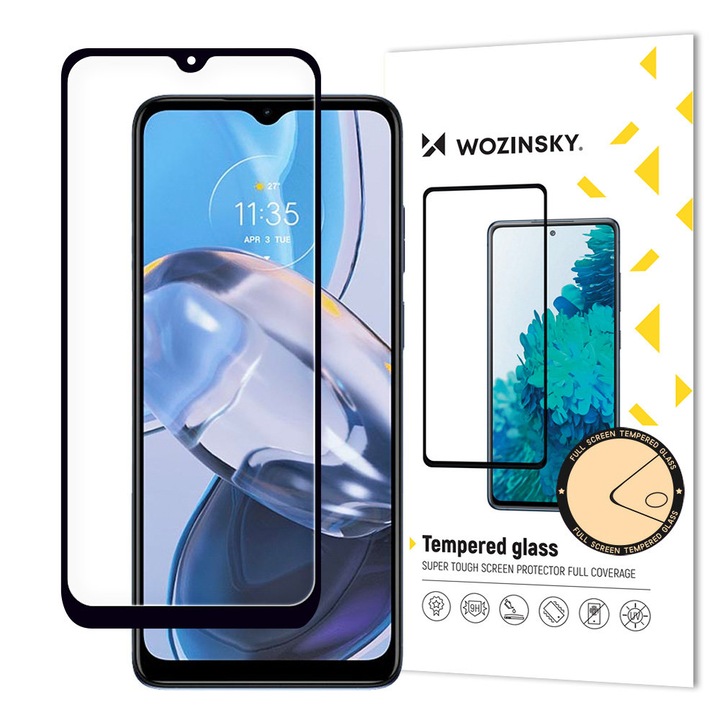 9 órás teljes képernyős edzett üveg Motorola Moto E22i / E22 kerettel, tokkal barátságos fekete