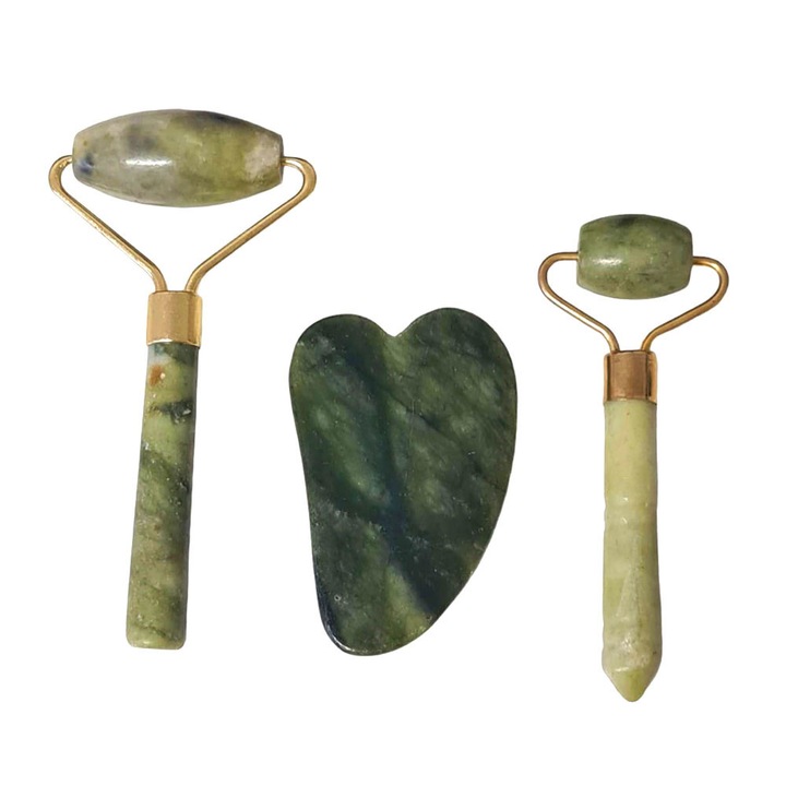 Комплект от 2 x SIKS Gua Sha Facial Massage Roller, Jade Stone, за лице и тяло, против бръчки, зелен