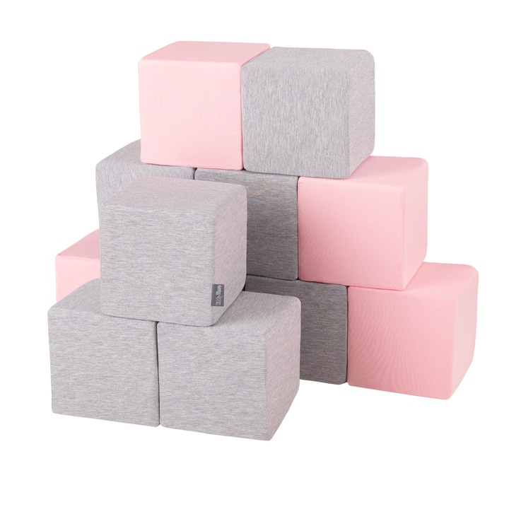 Set 12 cuburi de constructie, KiddyMoon, Spuma, 14 cm, Gri deschis/roz