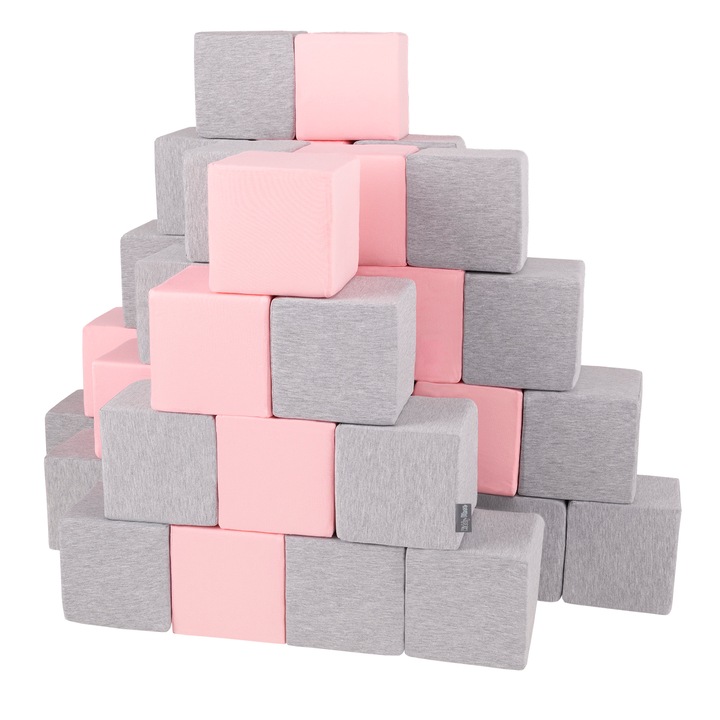 Set 48 cuburi de constructie, KiddyMoon, Spuma, 14 cm, Gri deschis/roz