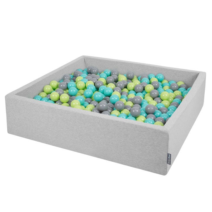 Piscina patrata din spuma pentru copii, KiddyMoon, Cu 200 de bile multicolore, 120x30 cm, Gri deschis
