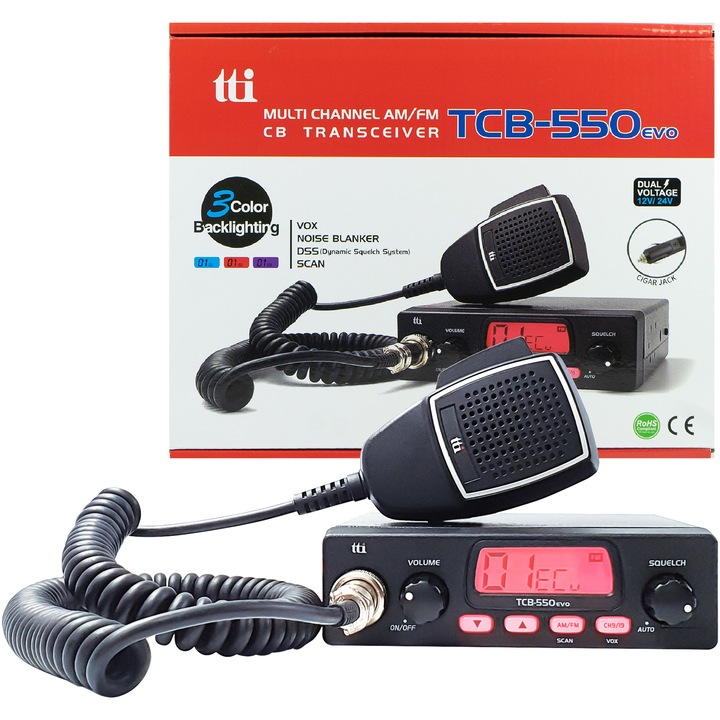 TTi TCB-550 EVO CB rádióállomás, DSS, VOX, NB szűrő, Scan, többszínű képernyő, 12-24V