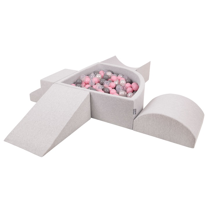 Loc de joaca cu bile, KiddyMoon, Piscina/Rampa/Pana/Semiax/Trapta, 90x90x30cm, 300 bile, Gri/Multicolor