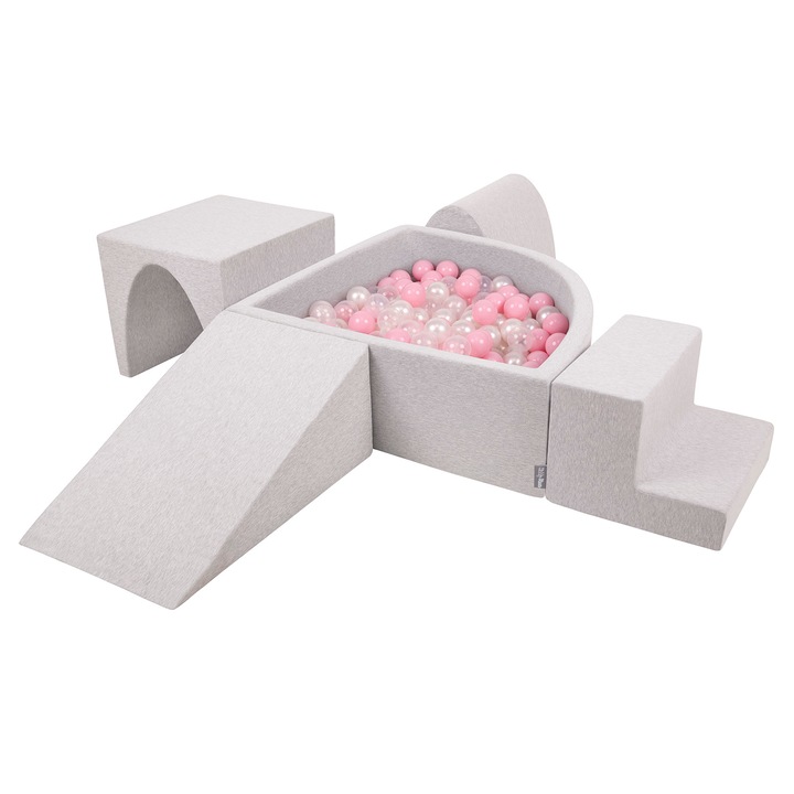Loc de joaca cu bile, KiddyMoon, Piscina/Rampa/Pana/Tunel/Trepte, 90x90x30cm, 300 bile, Gri/Multicolor
