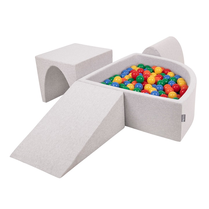 Loc de joaca cu bile copii, KiddyMoon, 90x90x30cm, 300 bile, Gri/Multicolor