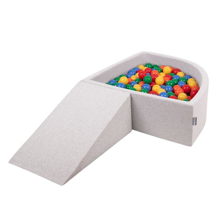 Loc de joaca cu bile copii, KiddyMoon, Piscina/Rampa, 90x90x30cm, 100 bile, Gri/Multicolor