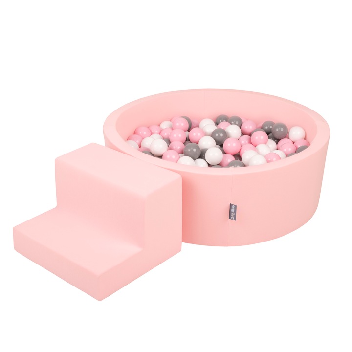 Piscina cu bile si scara, KiddyMoon, Bumbac, 200 bile, Roz, 1 an+