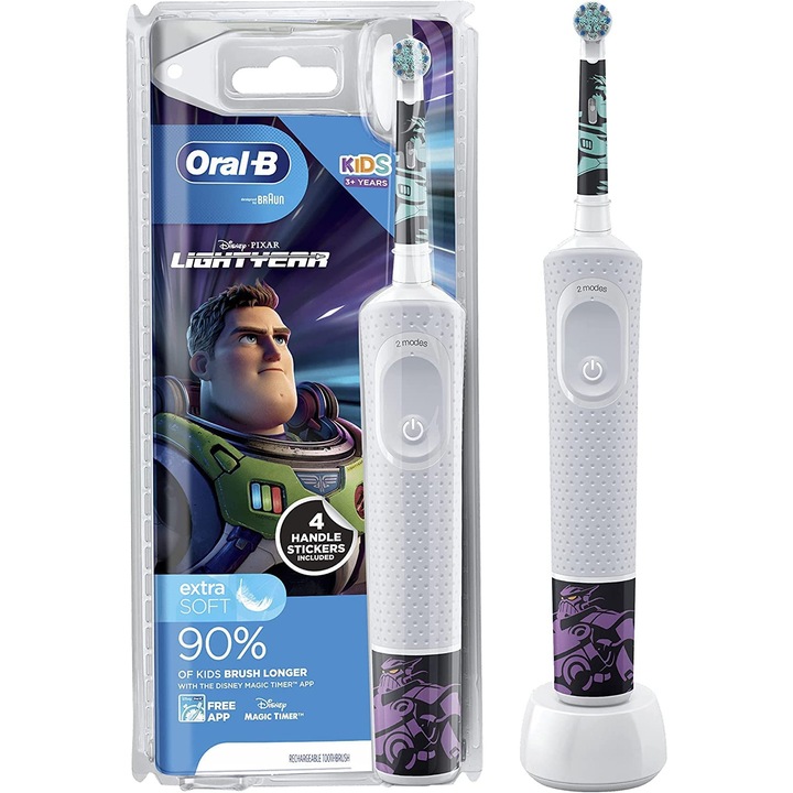 Електрическа четка за зъби Oral-B D100 Vitality Disney Buzz Lightyear, 7600 осцилации/мин, 2D почистване, 2 програми, 1 край, 4 стикера, Бяла