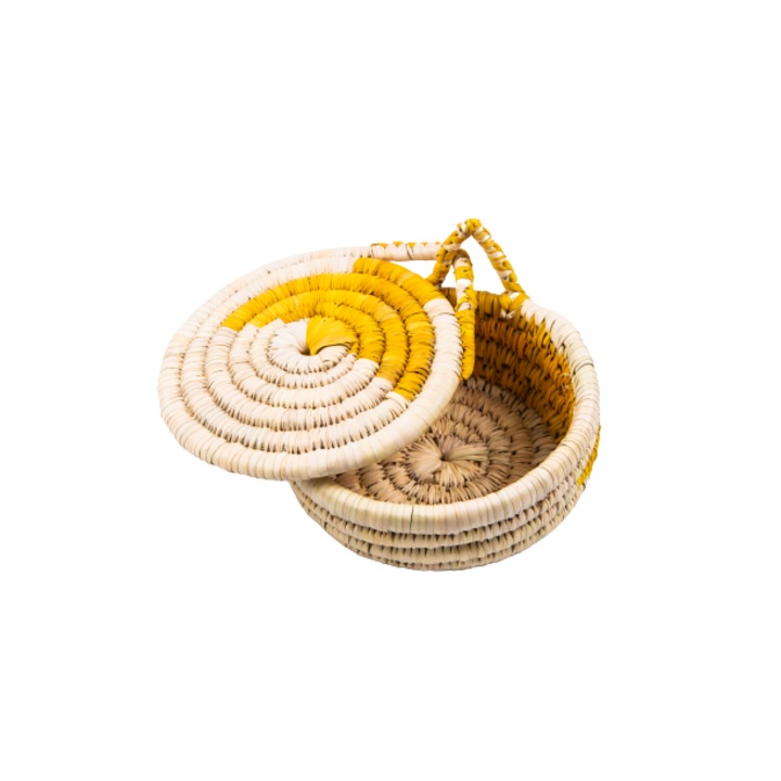 Natúr/sárga kosár natúr pálmaszálas borítással D25 cm