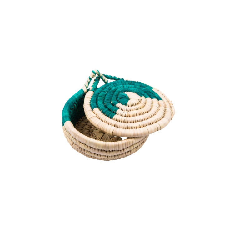 Natúr/zöld kosár tetővel natúr pálmaszálból D25 cm