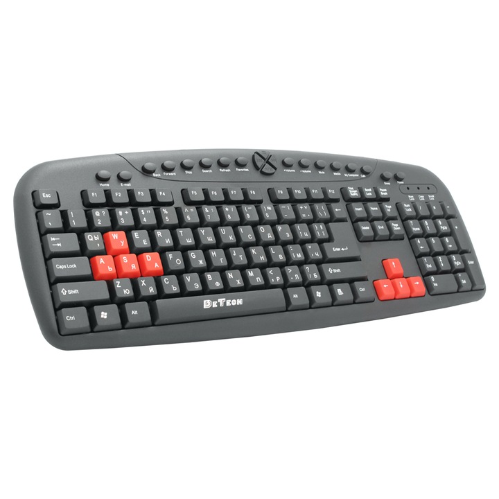 Tastatura DeTech DE-76087, Multimedia, USB, Chirilic, Negru, 20 butoane multimedia, Design ergonomic, Membrane de inalta calitate, Plug & Play