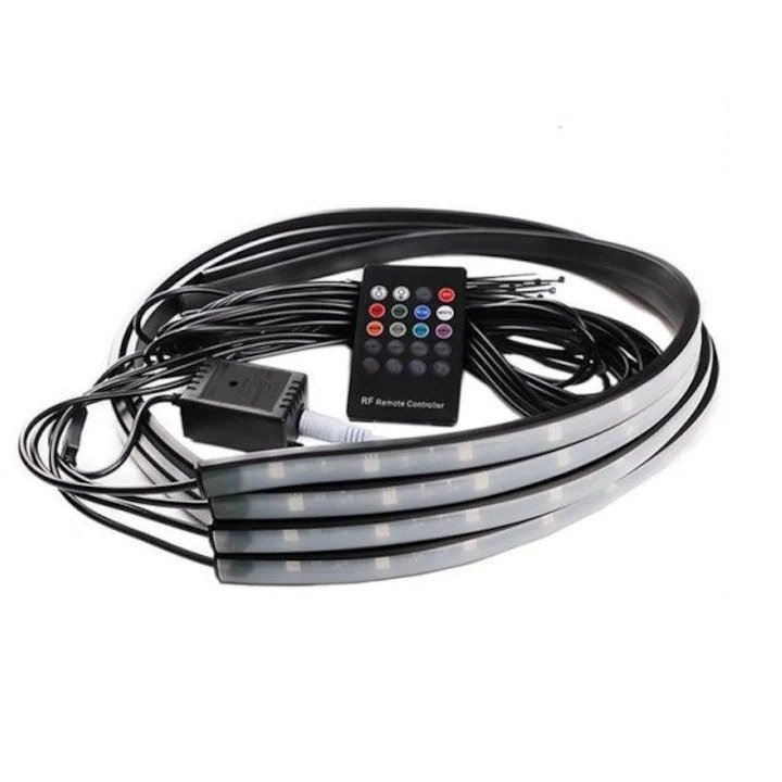 Kit iluminare ambientala cu LED pentru exterior masina, multicolor, cu telecomanda 4 benzi, Tudis