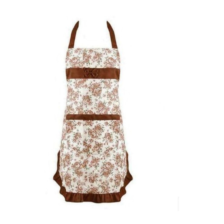Sort de bucatarie, cu buzunare, model flori, 75x68 cm, maro