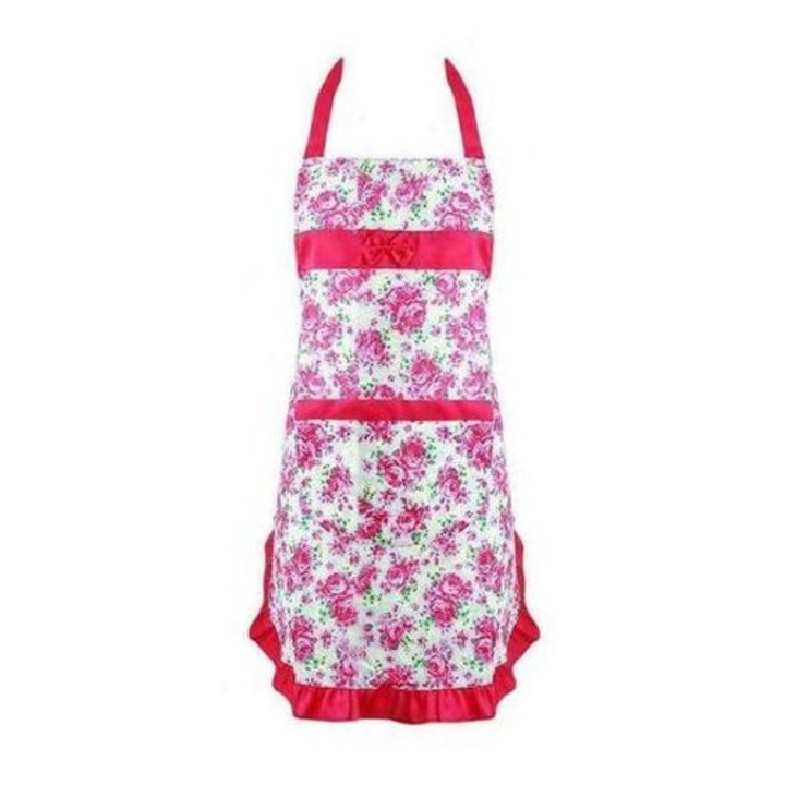 Sort de bucatarie, cu buzunare, model flori, 75x68 cm, roz