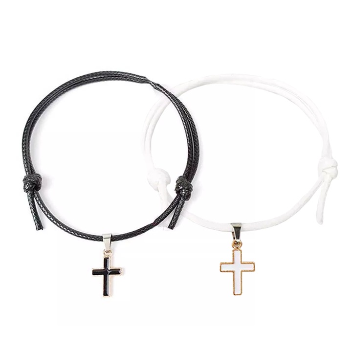 Set bratari cuplu, tip sfoara, cu accesoriu cruce, reglabile, alba si neagra, EFAYN