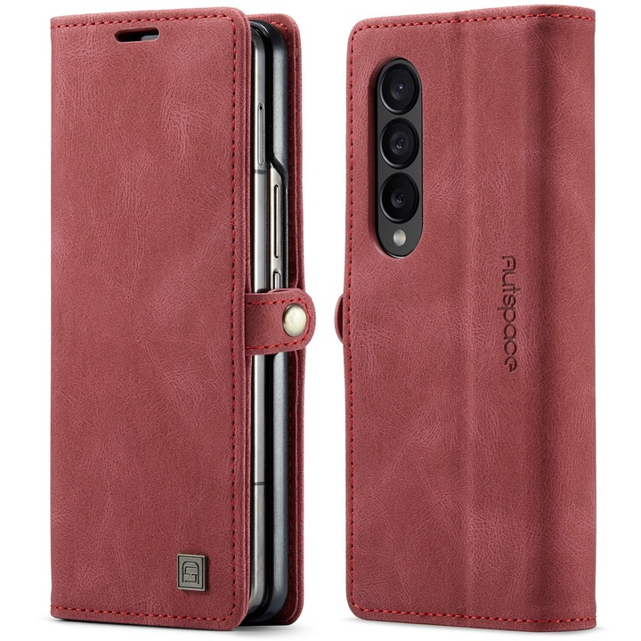 Калъф за Samsung Galaxy Z Fold4, CaseMe Retro, тънък, кожен, тип портфейл, стойка, магнитно закопчаване, мека текстура, червен