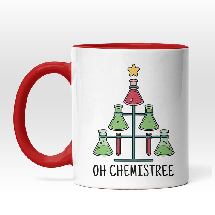 Cana De Craciun Personalizata Pentru Iubitorii de Chimie, Oh Chemistree, 330 ml, Verde, Negru, Portocaliu, Cu Maner Rosu