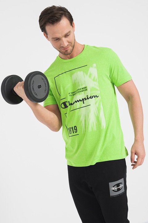 Champion, Tricou cu decolteu la baza gatului si imprimeu logo contrastant, Alb/Verde/Negru, M