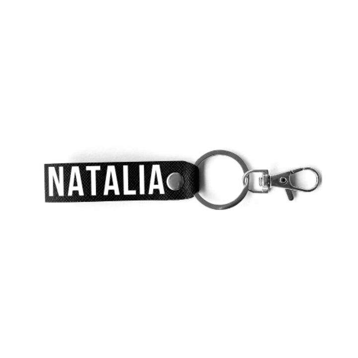 Breloc personalizat femei, BRELOCK, piele, 3 x 8 cm, print text cu nume "Natalia", negru argintiu